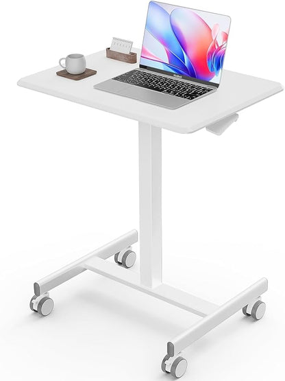 edx Small Mobile Rolling Standing Desk - Overbed Table, Teacher Podium with Wheels, Adjustable Work Table, Rolling Desk Laptop Computer Cart for Home, Office, Classroom, White