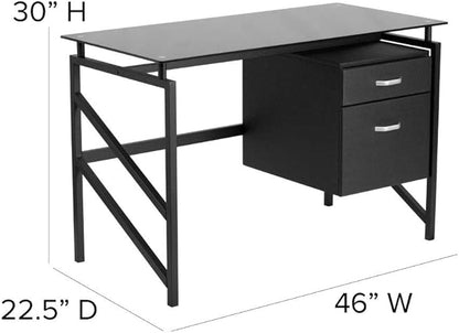 Flash Furniture Singleton Glass Desk with Two Drawer Pedestal,Black