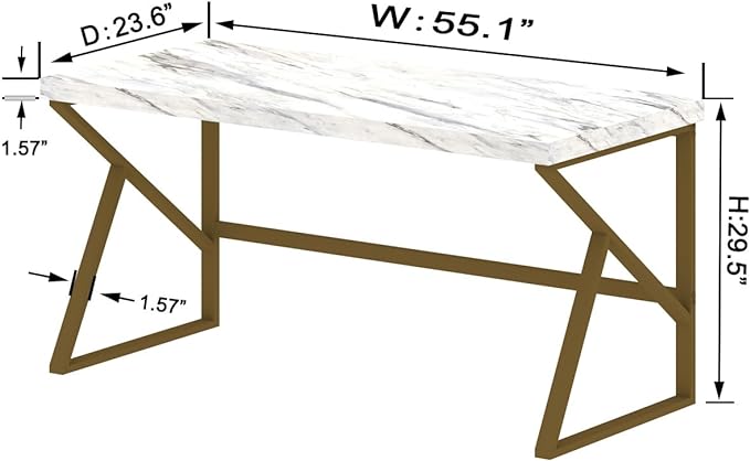 HSH White Faux Marble and Gold Desk, Modern Home Office Executive PC Laptop Computer Desk, Farmhouse Writing Study Work Gaming Table for Bedroom Living Room, Simple Metal Wood Workstation, 55 Inch
