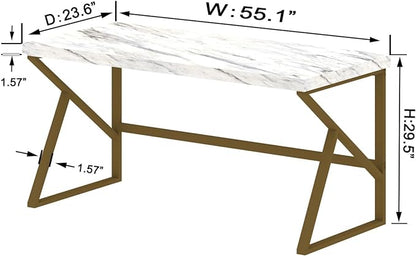 HSH White Faux Marble and Gold Desk, Modern Home Office Executive PC Laptop Computer Desk, Farmhouse Writing Study Work Gaming Table for Bedroom Living Room, Simple Metal Wood Workstation, 55 Inch