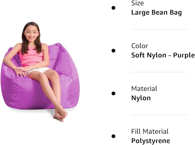 Posh Creations Coronado Bean Bag Boys and Girls Large Chair for Kids, for Gaming and Playrooms, Soft Nylon-Purple, Large Bean Bag
