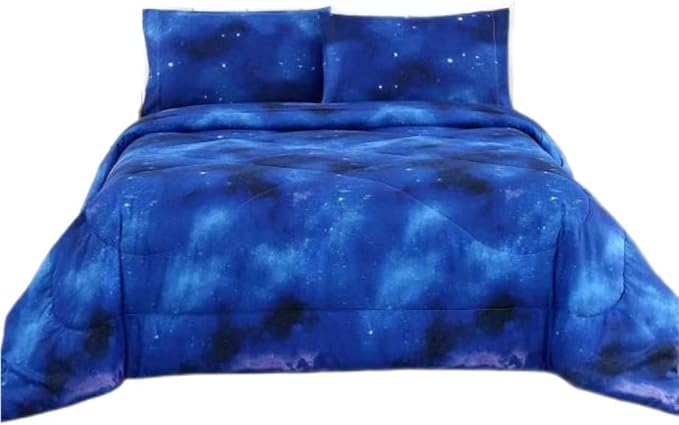 3PCS Blue Galaxy Comforter Set Queen Size, Bed in a Bag Summer Quilt Queen Size, Lightweight and Fade Resistant, Cute Bed Set for Boys Girls Toddler Kids and Teens, Queen