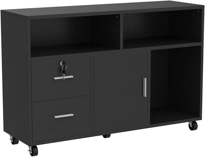 YITAHOME Wood File Cabinet, 2 Drawer Mobile Lateral Storage Cabinet Printer Stand with Lock and Open Storage Shelves for Home Office, Black,Drawers without Hanging Bars