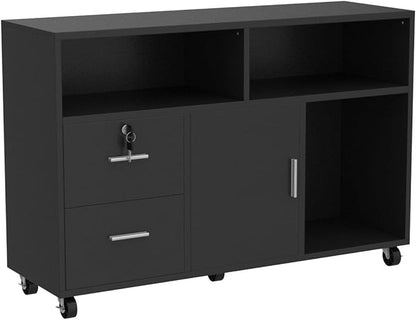 YITAHOME Wood File Cabinet, 2 Drawer Mobile Lateral Storage Cabinet Printer Stand with Lock and Open Storage Shelves for Home Office, Black,Drawers without Hanging Bars