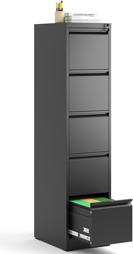 5 Drawer Vertical File Cabinet, Metal File Cabinets with Lock for Home Office, Heavy Duty Office Steel Filing Cabinet for Hanging Files for A4/ Legal/Letter,Assembly Required (Black)
