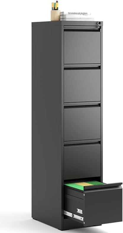 5 Drawer Vertical File Cabinet, Metal File Cabinets with Lock for Home Office, Heavy Duty Office Steel Filing Cabinet for Hanging Files for A4/ Legal/Letter,Assembly Required (Black)