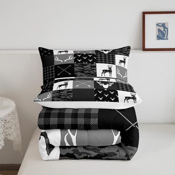 Deer Silhouette Comforter Set Queen Size,Camo Western Rustic Farmhouse Xmas Bedding Set 3pcs for Kids Teens Home Room Decor,Antlers Arrow Geometric Quilt Set,Black Grey Duvet Insert,2 Pillowcases