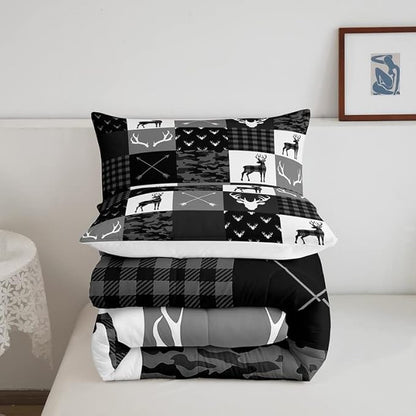 Deer Silhouette Comforter Set Queen Size,Camo Western Rustic Farmhouse Xmas Bedding Set 3pcs for Kids Teens Home Room Decor,Antlers Arrow Geometric Quilt Set,Black Grey Duvet Insert,2 Pillowcases