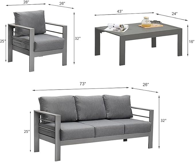 Solaste Aluminum Patio Furniture Set, 4 Pcs Modern Outdoor Conversation Set Sectional Sofa with Upgrade Cushion and Coffee Table,Grey