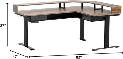 FEZIBO 63" L Shaped Standing Desk with LED Strip, Electric Triple Motor Sit Stand up Corner Desk Height Adjustable with Monitor Stand & Shelves, 2 Drawers, Ergonomic Home Office Desk, Rustic Brown