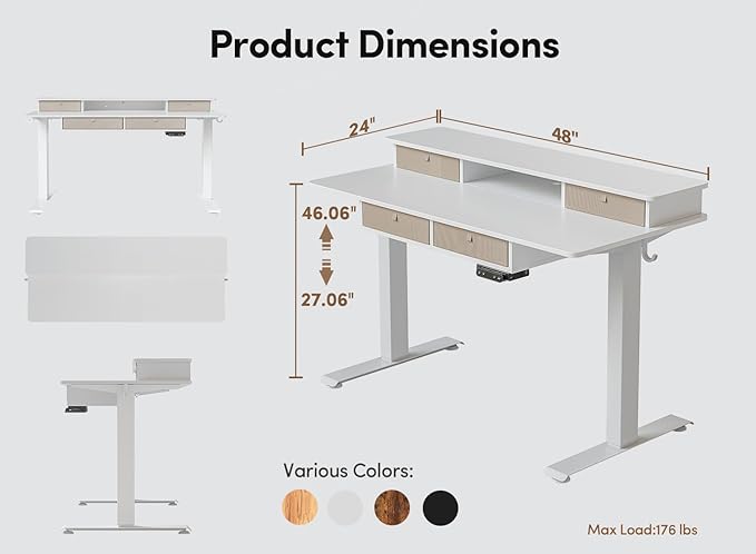 BANTI Height Adjustable Electric Standing Desk with 4 Drawers, 63 x 24 Inch Table with Storage Shelf, Sit Stand Desk, White Top