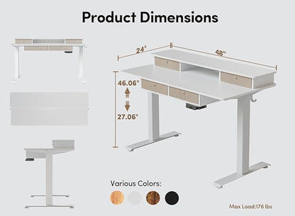 BANTI Height Adjustable Electric Standing Desk with 4 Drawers, 63 x 24 Inch Table with Storage Shelf, Sit Stand Desk, White Top