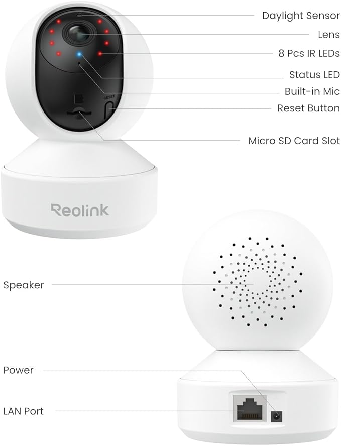 REOLINK Indoor Security Camera, 2.4/5 GHz WiFi, 5MP 360 Degree Pet Camera with Auto Tracking, Person/Pet Detection, Local Storage, 2 Way Talk, Ideal for Baby/Dog Monitor, Plug-in, E1 Pro 2 Pack (New)