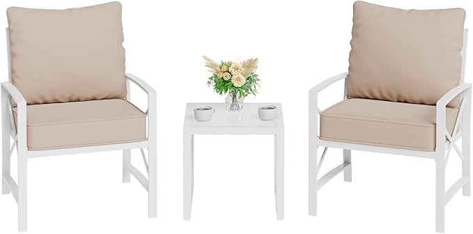 Shintenchi 3 Piece White Metal Outdoor Furniture Sectional Set, Modern Outdoor Metal Chair Conversation Furniture Set with Coffee Table for Patio,Backyard,Balcony (Khaki)