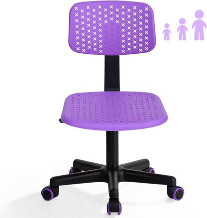 Desk Chair Armless Cute Office Chair, Low Back Rolling Home Office Task Chair Adjustable Swivel Study Chair for Girls Teens Adults Children Kids, Purple