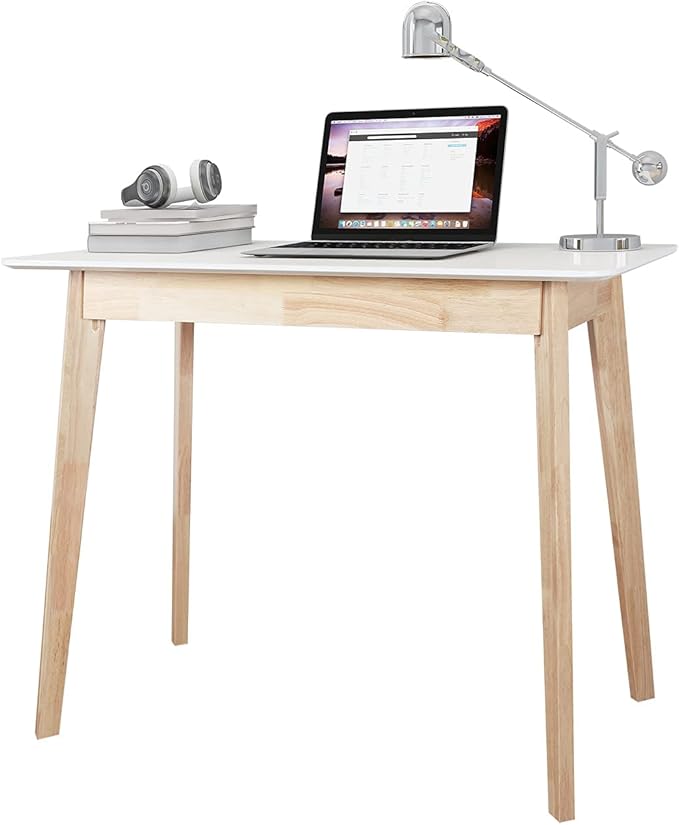 TaoHFE White Vanity Desk with Solid Rubber Wood Legs Glossy White 39 Inch Vanity Table Computer Desk for Home Small Spaces Girl Makeup Desk Modern Vanity Desk No Mirror Dressing Table for Bedroom