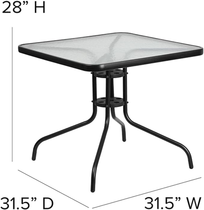Flash Furniture 5-Piece Patio Dining Set with 31.5" Square Glass Metal Table and 4 Stackable Slat Back Chairs, Indoor/Outdoor Bistro Table and Chairs Set, Black