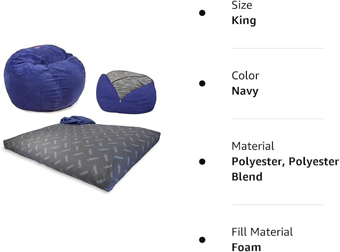 CordaRoy's Chenille Bean Bag Chair, Convertible Chair Folds from Bean Bag to Lounger, As Seen on Shark Tank, Navy - King Size