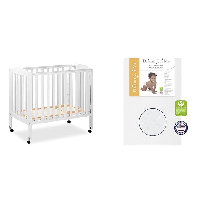 3 in 1 Portable Folding Stationary Side Crib in White, Greenguard Gold & Sunset 3” Extra Firm Fiber Crib Mattress, Greenguard Gold Certified, Waterproof Vinyl Cover