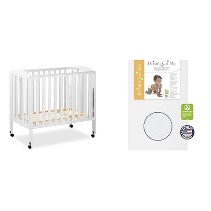 3 in 1 Portable Folding Stationary Side Crib in White, Greenguard Gold & Sunset 3” Extra Firm Fiber Crib Mattress, Greenguard Gold Certified, Waterproof Vinyl Cover
