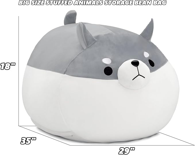 Stuffed Animal Storage Bean Bag Chair Cover for Kids Grey Shiba Inu Dog Bean Bag Chair for Girls XX-Large Size Toy Organizer Cover Only Without Filling