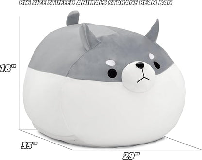Stuffed Animal Storage Bean Bag Chair Cover for Kids Grey Shiba Inu Dog Bean Bag Chair for Girls XX-Large Size Toy Organizer Cover Only Without Filling