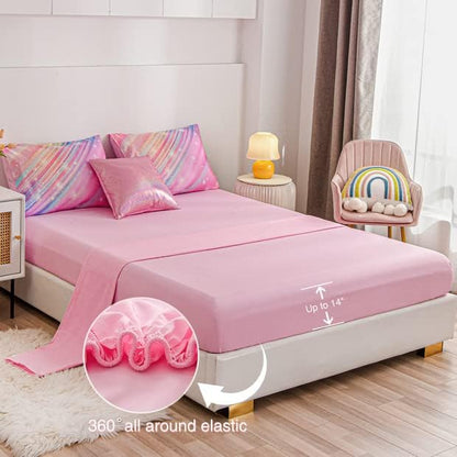 Btargot 6 Pieces Pink Gradient Star Ring Comforter Set for Boys Girls Teens, Twin Size Colorful Glitter Rainbow Star Galaxy Bedding Set