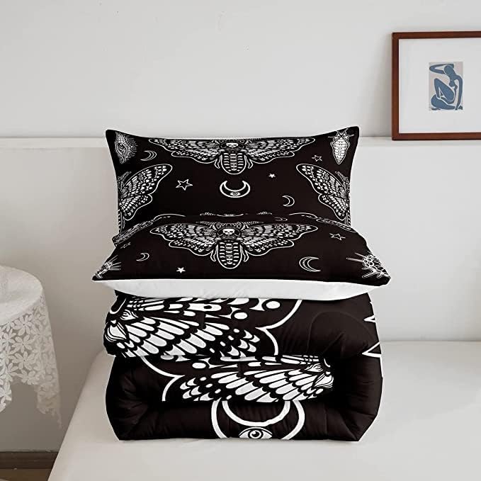Feelyou Boys Boho Moth Comforter Set King Size Men Gothic Skull Bedding Set for Girls Women Bedroom Decor Bohemian Moon Star Comforter Personalized Moth Skull Skeleton Bones Duvet Set Teens Quilt Set