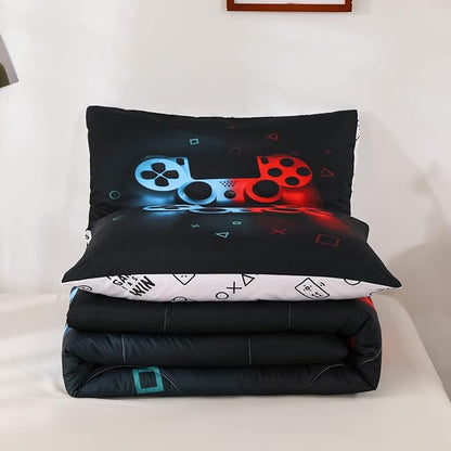 Erosebridal Gaming Comforter Set Twin Size for Boys Kids Game Room Decor Video Game Gamer Comforter Man Teens Bedroom Gamepad Bedding Set All Season,Black Blue Red
