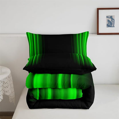 Feelyou Geometric Abstract Ombre Bedding Bed Set Men Adults Teens Green and Black Striped Comforter Set Kids Boys Girls Simple Modern Comforter Inner Fill Bedroom Collection 2Pcs Twin Size