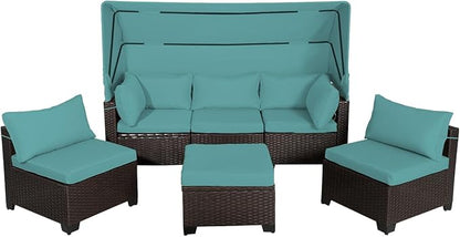 6 PCS Outdoor Patio Furniture Set,Sectional Sofa Set,Rattan Daybed with Retractable Canopy,Adjustable Backrest,Storage Coffee Table,Chaise Chair Sunbed for Garden Poolside Backyard(Walnut Green)