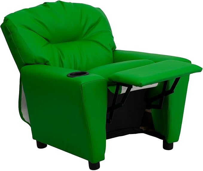 Flash Furniture Chandler Vinyl Kids Recliner with Cup Holder and Safety Recline, Contemporary Reclining Chair for Kids, Supports up to 90 lbs., Green