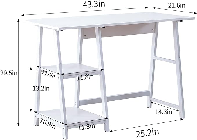 Natwind 43" White Desk Home Office Computer Working Kid Student Study Table with 2-Tier Storage Bookshelves Modern Simple Study Laptop Writing Elegant Style Desk Workstation