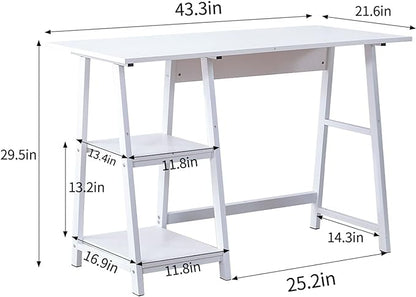 Natwind 43" White Desk Home Office Computer Working Kid Student Study Table with 2-Tier Storage Bookshelves Modern Simple Study Laptop Writing Elegant Style Desk Workstation