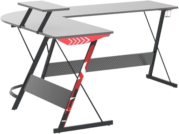 MOTPK L Shaped Gaming Desk 58 Inch, Gaming Computer Desk L Shape with Carbon Fiber Surface, Gamer Desk Gaming Table with Monitor Shelf, Cup Holder & Headphone Hook, Black