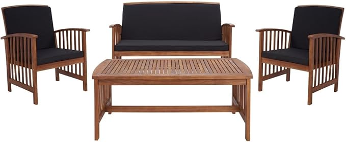 SAFAVIEH Outdoor Collection Rocklin Natural/ Black Cushion 4-Piece Conversation Patio Set