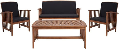 SAFAVIEH Outdoor Collection Rocklin Natural/ Black Cushion 4-Piece Conversation Patio Set