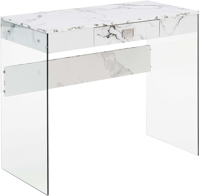 Convenience Concepts SoHo 1 Drawer Glass 36 inch Desk, White Faux Marble/Glass