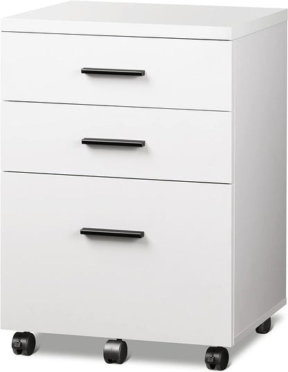 DEVAISE 3 Drawer File Cabinet for Home Office, Wood Under Desk Filing Cabinet, Rolling Printer Stand with Wheels, White