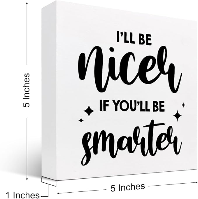 Funny Office Wood Sign,I'll Be Nicer If You'll Be Smarter Wood Block Box Sign Desk Decor,Humorous Plaque Sign for Office Home Shelf Desk Table Decor Decorations