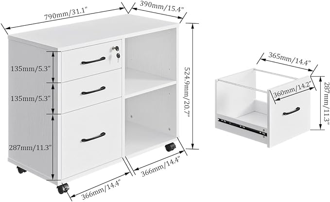 3 Drawer File Cabinets, Mobile Lateral Printer Stand with Open Shelf, Rolling Filing Cabinet with Wheels Home Office Organization and Storage (White)