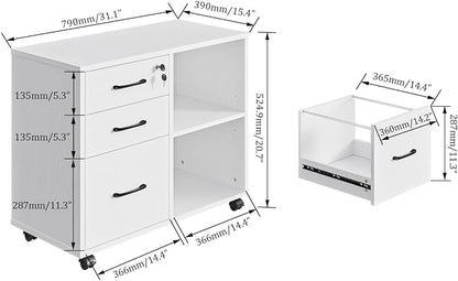 3 Drawer File Cabinets, Mobile Lateral Printer Stand with Open Shelf, Rolling Filing Cabinet with Wheels Home Office Organization and Storage (White)
