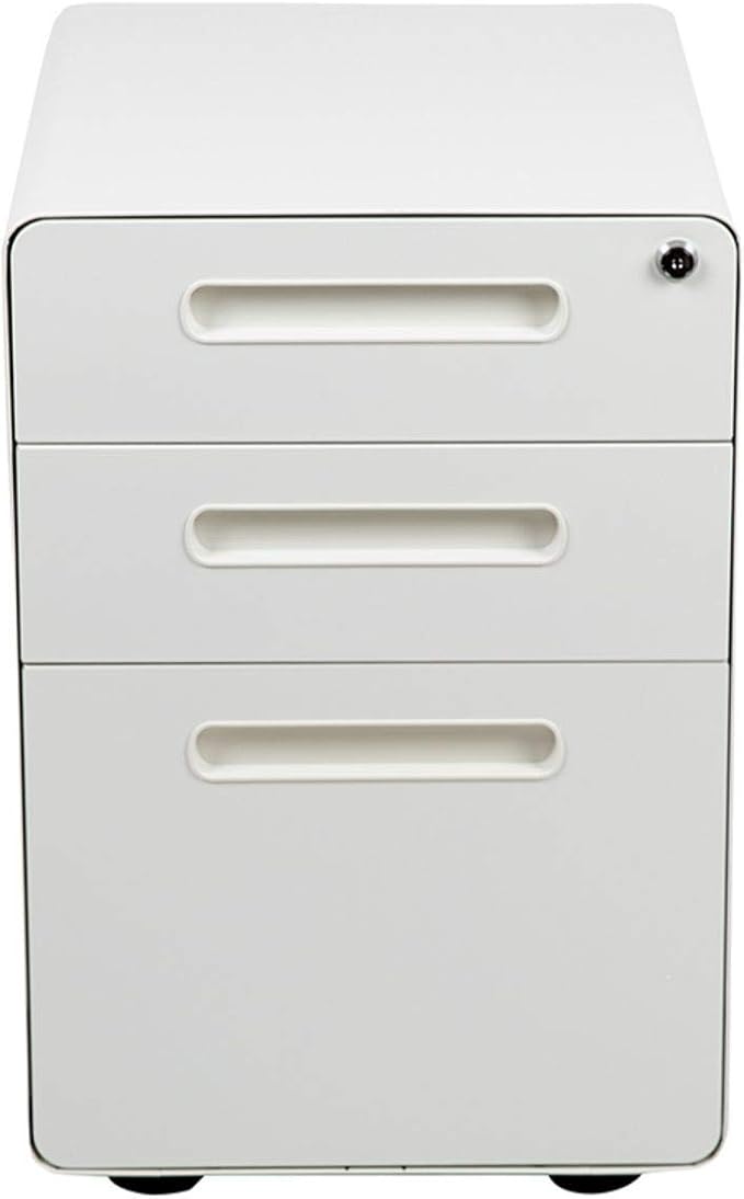 Flash Furniture Wren Ergonomic 3-Drawer Mobile Locking Filing Cabinet with Anti-Tilt Mechanism and Hanging Drawer for Legal & Letter Files, White