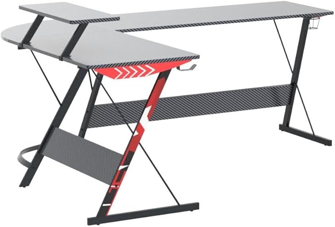 MOTPK L Shaped Gaming Desk 66 Inch, Gaming Computer Desk L Shape with Carbon Fiber Surface, Gamer Desk Gaming Table with Monitor Shelf, Cup Holder & Headphone Hook, Black