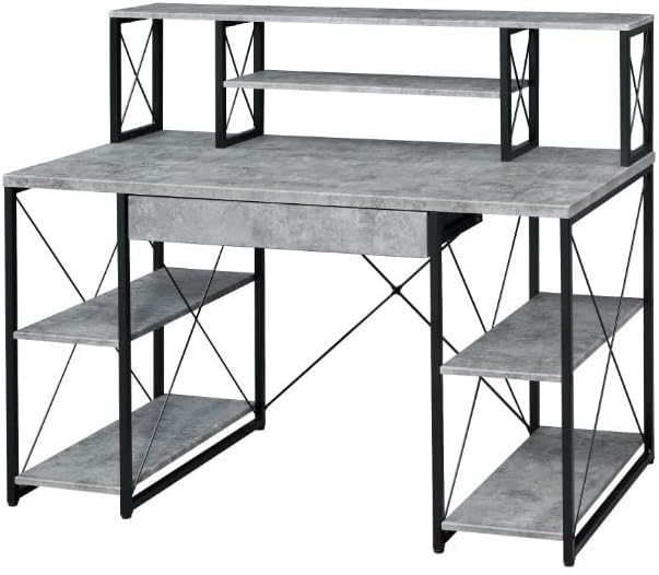 Acme Amiel Wooden 1-Drawer Writing Desk in Faux Concrete and Black