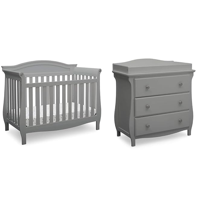 Delta Children Lancaster 4-in-1 Convertible Baby Crib & 3 Drawer Dresser with Changing Top, Grey