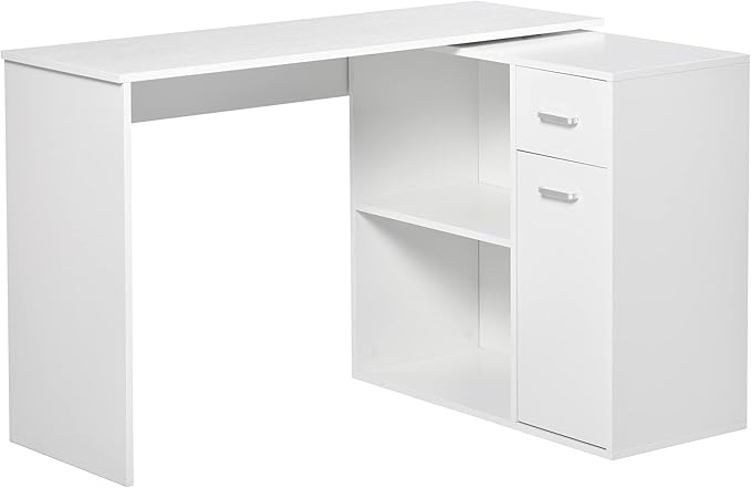 HOMCOM L Shaped Computer Desk, 180° Rotating Corner Desk with Storage Shelves, Drawer and Cabinet, Study Workstation for Home Office, White