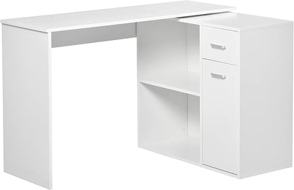 HOMCOM L Shaped Computer Desk, 180° Rotating Corner Desk with Storage Shelves, Drawer and Cabinet, Study Workstation for Home Office, White