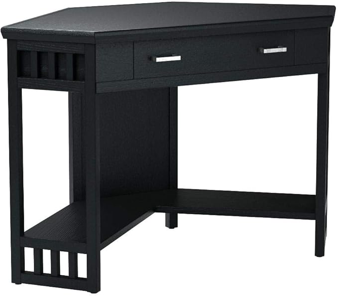 Leick Home 83430 Corner Computer/Writing Desk with Center Keyboard Drawer and Shelf, Black Oak