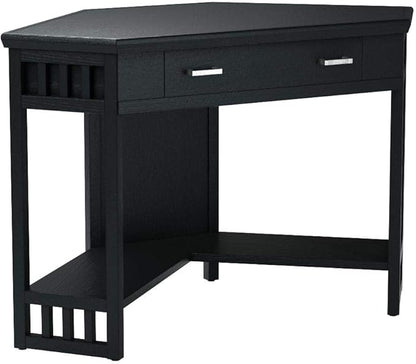 Leick Home 83430 Corner Computer/Writing Desk with Center Keyboard Drawer and Shelf, Black Oak